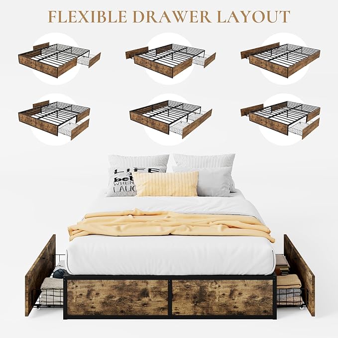 SHA CERLIN Queen Platform Bed Frame with 2 Large Storage Drawers, Rustic Wood and Metal, Noise-Free, Easy Assembly, No Box Spring Needed, Brown