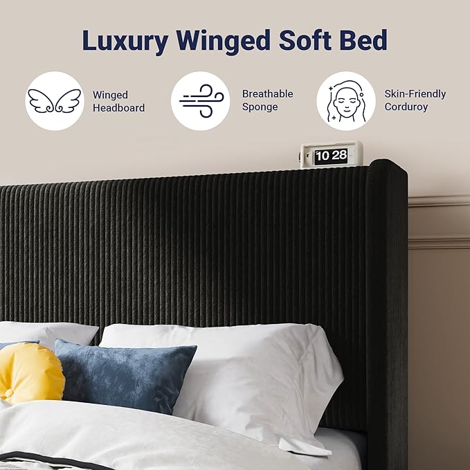 Allewie King Size Bed Frame with Upholstered Wingback Headboard, Vertical Channel Tufted Corduroy Velvet Platform Bed, Strong Wooden Slats Support, No Box Spring Needed, Easy Assembly, Black