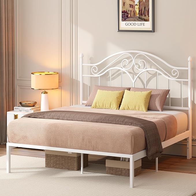 Elephance Headboard for Queen Size Bed Frame, Vintage Platform Bed Metal Headboard Only, Height Adjustable, Sturdy and Stable, Queen Size, Easy Assembly,White