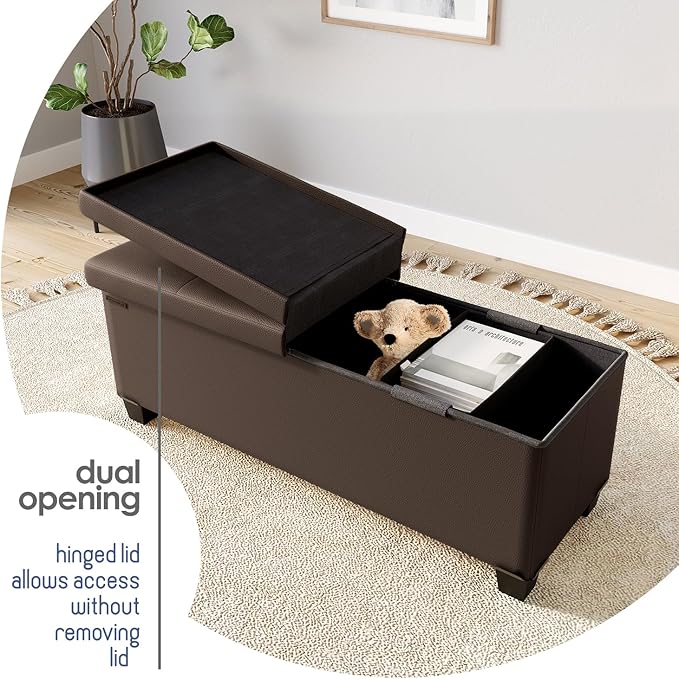 Storage Ottoman Bench with Bins, 43-in Storage Bench for Bedroom End of Bed, Folding Foot Rest Ottoman for Living Room Max 660lbs, Faux Leather Ottomans, Brown