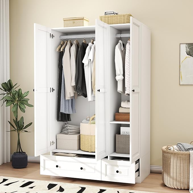 Armoire Wardrobe Closet with Drawers: 47" White Wardrobe Closet with 3 Doors and 2 Drawers, Wood Clothes Armoire with Hanging Rod, Clothing Storage Cabinet for Bedroom