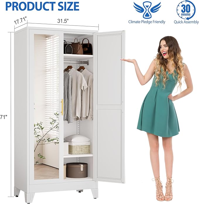 GAIOUS Metal Wardrobe Cabinet with Mirror and Hanging Rod, 71" Metal Clothing Storage Cabinets with 2 Doors and Adjustable Shelves, White Armoire Wardrobe Closet for Bedroom, Laundry Room, Cloak Room