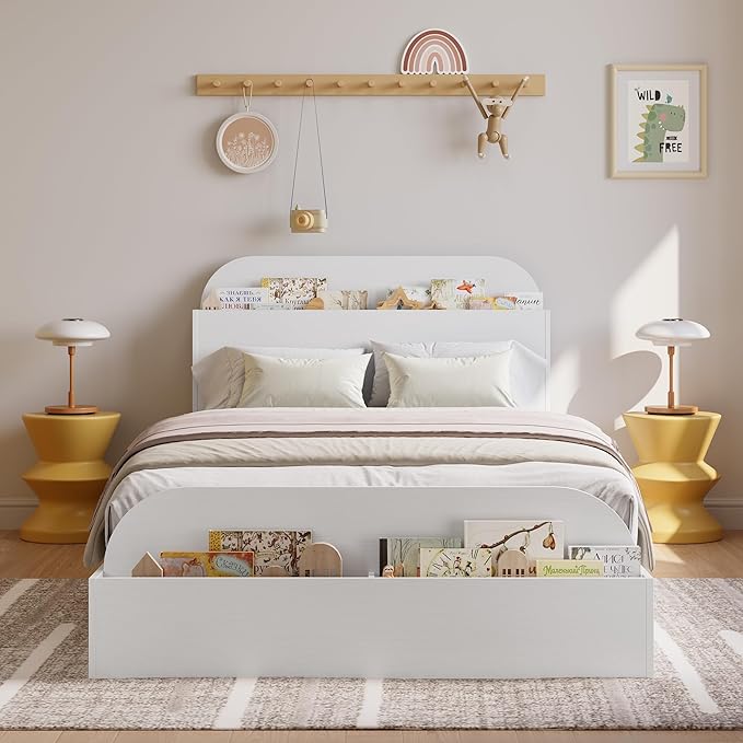 Garvee Twin XL Size Bed Frame with Storage Headboard and Raised Footboard – Wooden Twin-Floor Low Platform Bed for Kids, Heavy Duty & Noise Free, No Box Spring Needed, White