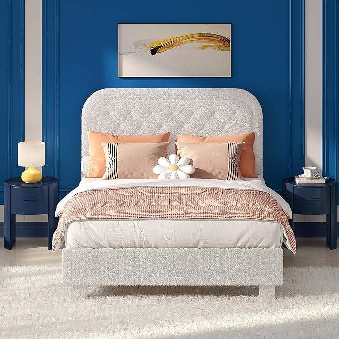 VINGLI Full Boucle Cloud Bed Frame with Headboard,Upholstered Soft Bed with Wood Sturdy Slats Support, Rounded Corners,Modern Cream Style,Easy Assembly, White
