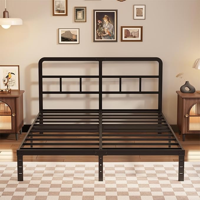 Husleephu Queen Bed Frame with Headboard, 12 Inch Queen Size Bed Frame with Heavy Duty Metal Slats, No Box Spring Needed, Noise Free, Easy Assemble, Black