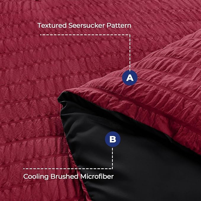 HYMOKEGE Dark Red/Black Duvet Cover Full Size, Ultra Soft 3-Piece Seersucker Duvet Cover Set with Zipper Closure, Soft Brushed Microfiber Bedding Set with 8 Corner Ties (80"x90", 2 Pillowshams)