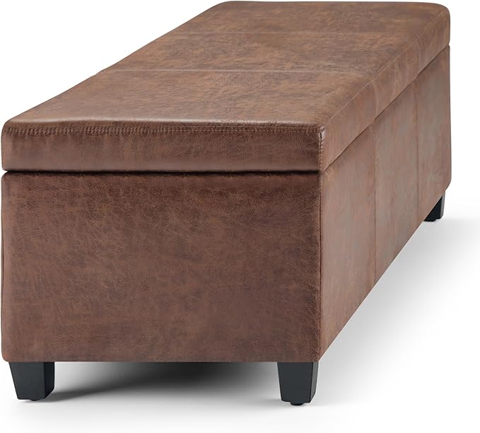 SIMPLIHOME Avalon Storage Ottoman Bench - 48" Wide x 16" High Upholstered Vegan Leather Rectangular Lift-Top Ottoman in Distressed Umber Brown, Contemporary Storage Bench with High-Density Foam