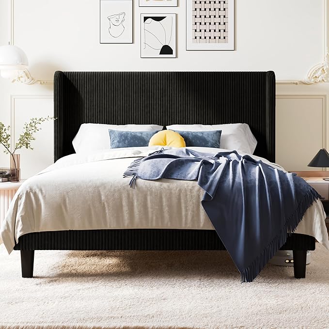 Allewie Queen Size Bed Frame with Upholstered Wingback Headboard, Vertical Channel Tufted Corduroy Velvet Platform Bed, Strong Wooden Slats Support, No Box Spring Needed, Easy Assembly, Sturdy, Black