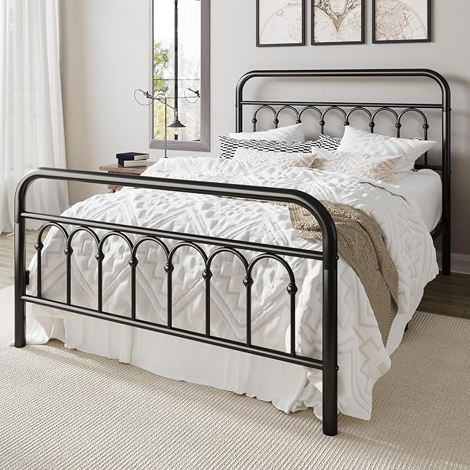 Allewie 14 Inches Full Size Metal Platform Bed Frame with Victorian Style Curved Iron-Art Headboard/Footboard, Metal Slats Support, Easy Assembly, Under Bed Storage, No Box Spring Required, Black