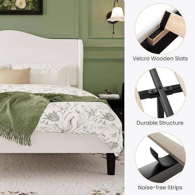 SHA CERLIN Full Size Velvet Platform Bed Frame with Elegant Wingback Headboard, Modern & Luxurious Design, Sturdy Wooden Slats, No Box Spring Required, Easy Assembly, Noise-Free, Soft White