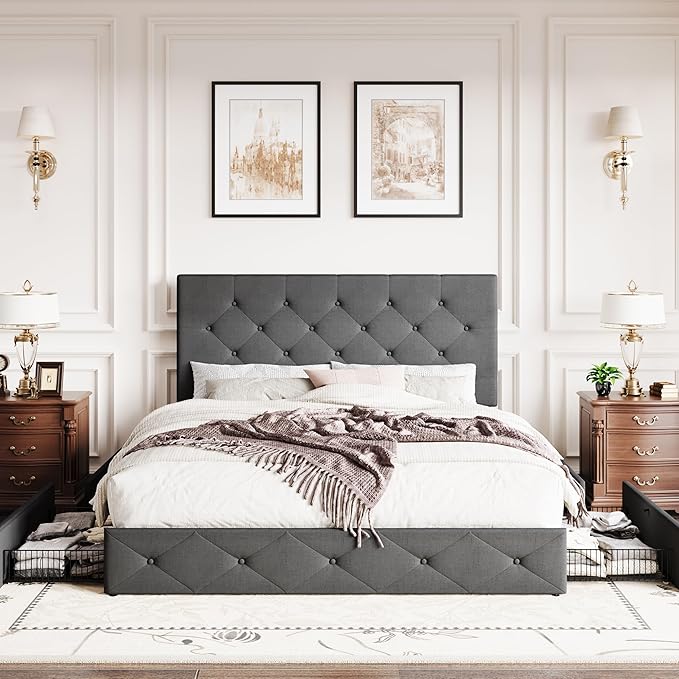 SHA CERLIN Upholstered Full Size Platform Bed Frame with 4 Storage Drawers, Adjustable Headboard with Diamond Stitched Button Tufted Design, Wooden Slat Support, No Box Spring Needed, Dark Grey