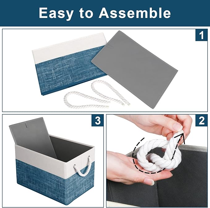 Fab totes Storage Bins 4-Pack, Foldable Storage Baskets for Organizing Toys, Books, Shelves, Closet, Large Storage Box with Rope Handles, Sturdy Organizer Bins, White & Blue
