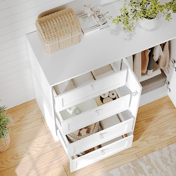 VOWNER Armoire Wardrobe Closet with 4 Drawers and 2 Doors, 43''H Clothing Storage Cabinet Dresser with Hanging Rod, Cothes Wardrobe for Bedroom, Baby Closet, White
