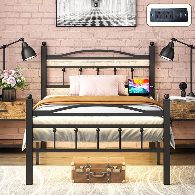 Jenmit Twin Bed Frames with Headboard, LED Bed Frame with Charging Station, Metal Platform, Under-Bed Storage, No Box Spring Needed, Noise Free, Easy Assembly, Black