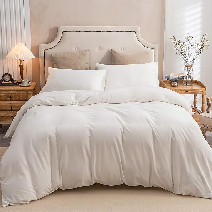 PURE ERA Jersey Knit Duvet Cover Set 100% T-Shirt Cotton Super Soft Comfy 3pc Bedding Set with Zipper Closure (Solid Off White, Full)
