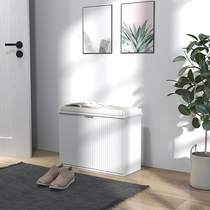 HOMCOM Narrow Shoe Bench with Padded Cushion, Shoe Cabinet with Flip-Drawer and Adjustable Shelf, Small Entryway Bench Holds up to 265lb, 24.4x10.2x18.7 Inches, White