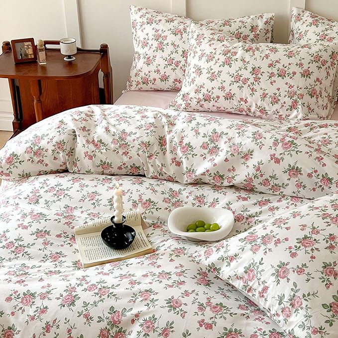 VM VOUGEMARKET Pink Floral Duvet Cover Queen 3 Pieces Cotton Girls Cottagecore Bedding Set,Peach Flower Comforter Cover with Zipper Closure,Vintage Country Bedding 90x90