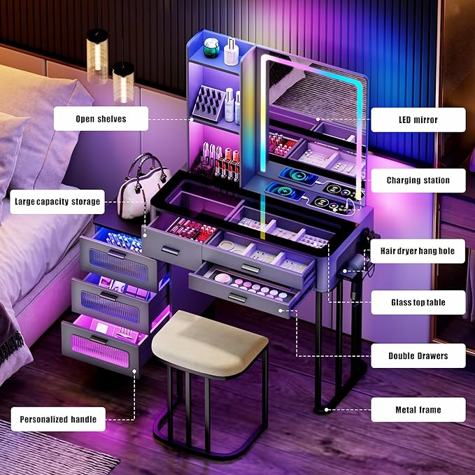 Makeup Vanity Desk with Mirror Lights: Vanity Table with Wireless Charging Station Mobile Dressing Table with Glass Top Design & Hair Dryer Holder Girls Grey Vanity Gift for Bedroom