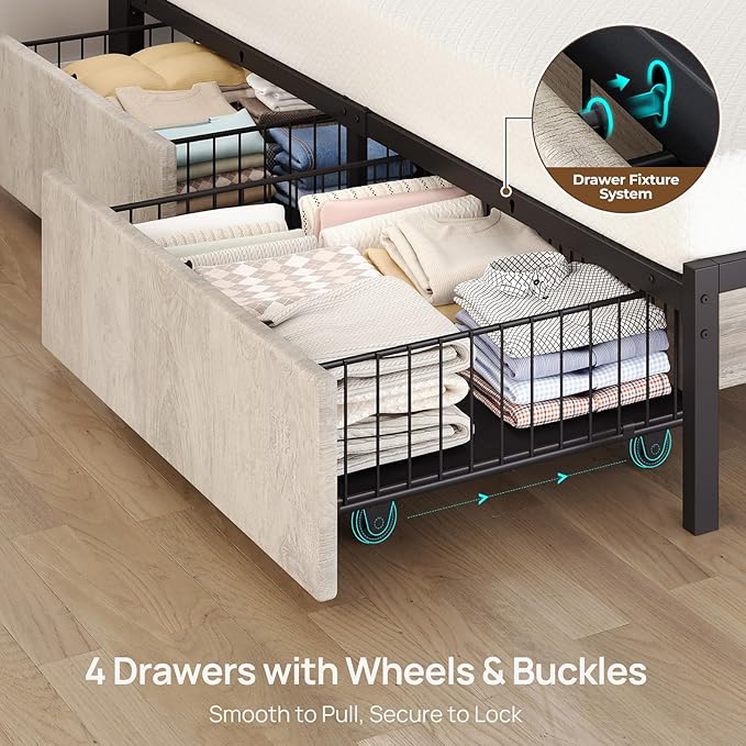 Rolanstar Full Size Bed Frame with 4 Drawers, LED Lights and Charging Station, Metal Platform Bed with Storage Headboard, Noise Free, Easy Assembly, No Box Spring Needed, Light Grey