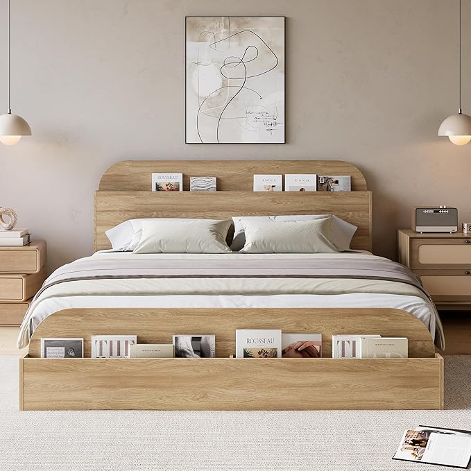 GarveeHome Queen Size Bed Frame, Wooden Beds with Storage Headboard and Raised-Foodboard, Queen-Floor Low Platform Bed for Bedroom, Sturdy Wooden Slats Support, No Box Spring Needed, Natural