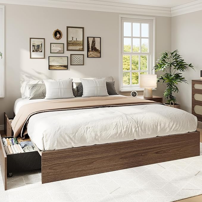IDEALHOUSE Full Bed Frame with 2 Storage Drawers, Wooden Bed Frame Without Headboard, Minimalist Floor Platform Bed, Wood Slat Support, Noise Free, No Box Spring Needed, Easy Assembly