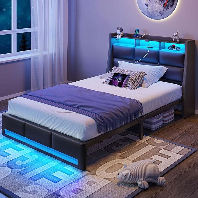Rolanstar Twin Size Bed Frame with LED Lights and Charging Station, Upholstered Headboard with 2-Tier Storage Shelves, Heavy Duty Metal Frame, Noise-Free Support, Easy Assembly, No Box Spring Needed