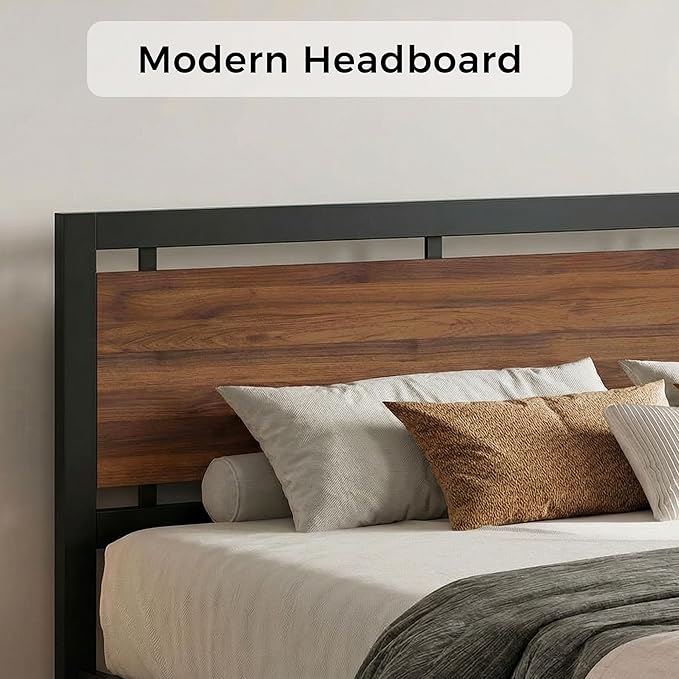 LIKIMIO California King Bed Frame with Headboard and Footboard, Metal Strong Supports, Easy Assembly, Noise-Free, No Box Spring Needed, Dark Walnut