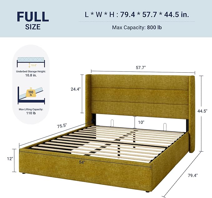 Allewie Full Size Lift Up Storage Bed, Modern Wingback Headboard, Hydraulic Support, No Box Spring Needed, Olive Yellow