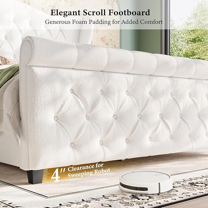 koorlian Queen Bed Frame,Chenille Upholstered Sleigh Bed with Scroll Wingback Headboard & Footboard,Luxury & Soft Button Tufted Queen Size Modern Bed,Easy Assembly,No Box Spring Needed