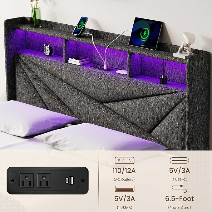 Driftalia LED Full Size Bed Frame with 2 Storage Drawers, Upholstered Full Bed Frame with Headboard and Charging Station, No Box Spring Needed, Easy to Assembly-Dark Grey