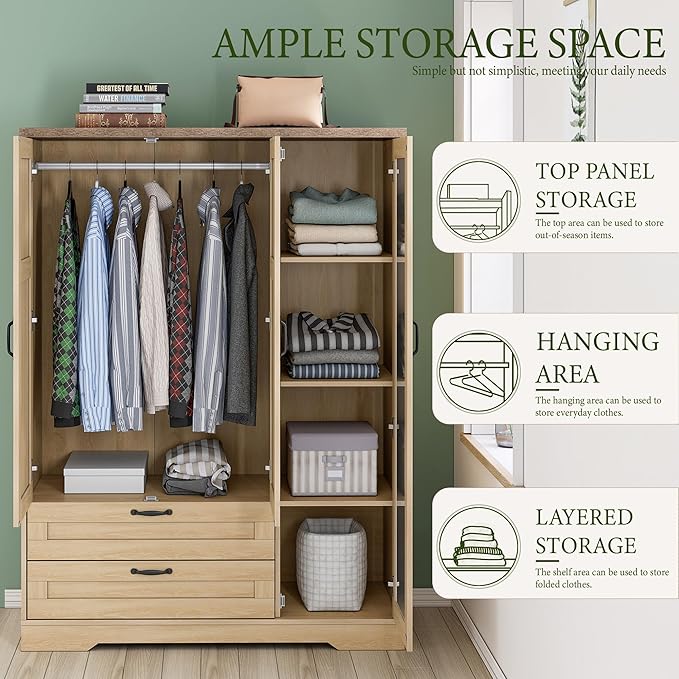 Yechen 3-Door Wooden Armoire Wardrobe Closet with Drawers and Shelves, Bedroom Armoires Closet with Mirror for Hanging Clothes, Coat, Farmhouse Wardrobe Cabinet for Large Storage Needed