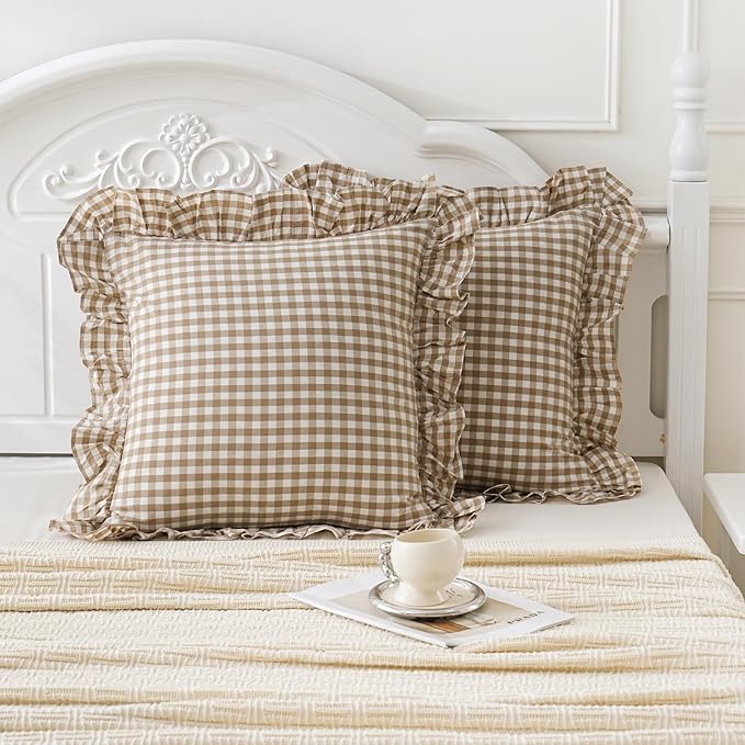 Taupe/White Plaid Euro Pillow Shams Ruffle Pillowcases Set of 2,Shabby Checkered Washed Cotton Pillow Covers-26 x26,Taupe/White Plaid