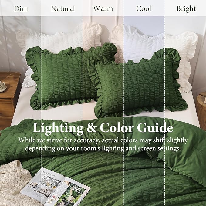 JOLLYVOGUE Dark Green King Comforter Set, 3 Pieces Seersucker Comforters King Size, Lightweight & Fluffy Bedding Sets King for All Season with 1 Ruffle Comforter and 2 Ruffle Pillowshams