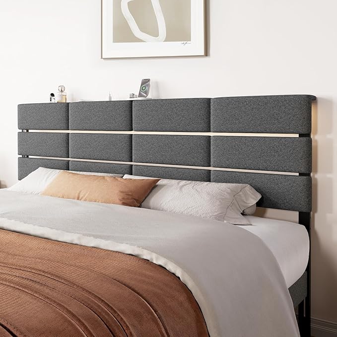 Full/Queen Size Upholstered Headboard, Adjustable Head boards with LED Light & Charging Station, Bed Headboard Only, Attach Frame, Study & Comfortable, Ideal for Bedroom, Dorm, Guest Room, Dark Grey
