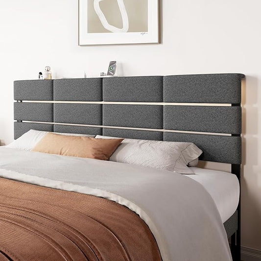 Full/Queen Size Upholstered Headboard, Adjustable Head boards with LED Light & Charging Station, Bed Headboard Only, Attach Frame, Study & Comfortable, Ideal for Bedroom, Dorm, Guest Room, Dark Grey