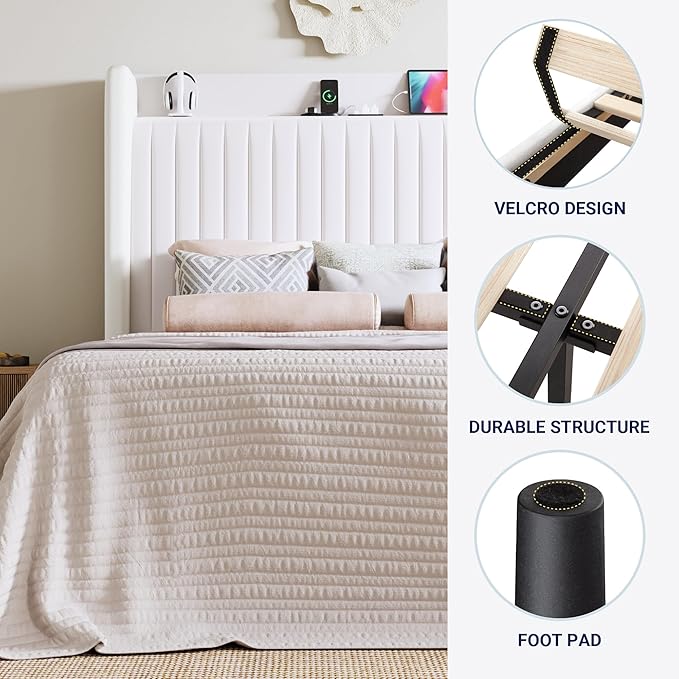 Allewie King Size Platform Bed Frame with USB Charging Station and Storage Shelf/Upholstered Velvet Wingback Headboard/Wooden Slats Support/No Box Spring Needed/Easy Assembly, White