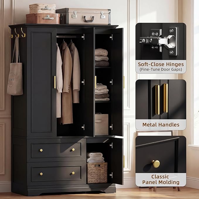 YESHOMY Armoire Wardrobe Closet with Drawers, 70.9" H x 21.1" D Wooden Closet with Hanging Rod, Fixed Shelves & Bottom Cabinet, Soft-Close Doors, Ball-Bearing Slides (Black)