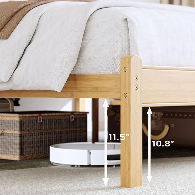 BOSRII 14in High Solid Bamboo Wood Platform Twin Size Bed Frame with Headboard, Reinforced Heavy Duty Metal Slats, Noise Free, No Box Spring Needed, Easy Assembly