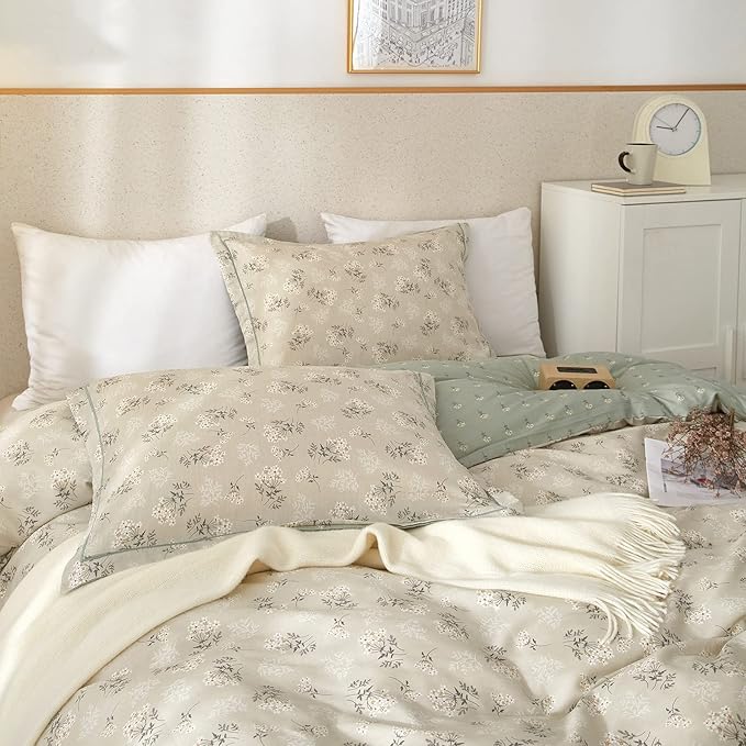 VM VOUGEMARKET Vintage Flower Duvet Cover Set Full Cotton Girls Aesthetic Bedding Set Reversible Floral Duvet Cover with 2 Pillow Shams,Blooming Comforter Cover with Zipper-Gray Green