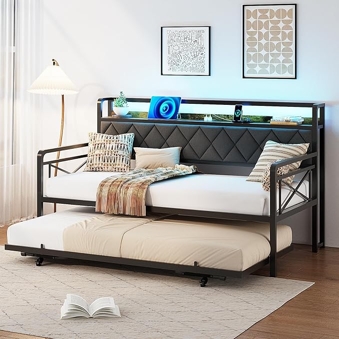 VINGLI Twin Daybed with Pop-up Trundle Bed, Day Bed with LED Light & Charing Station, Upholstered Bed Frame with Storage Headboard and Heavy Duty Metal Slats, Living Room, Bedroom, Guest Room, Gray