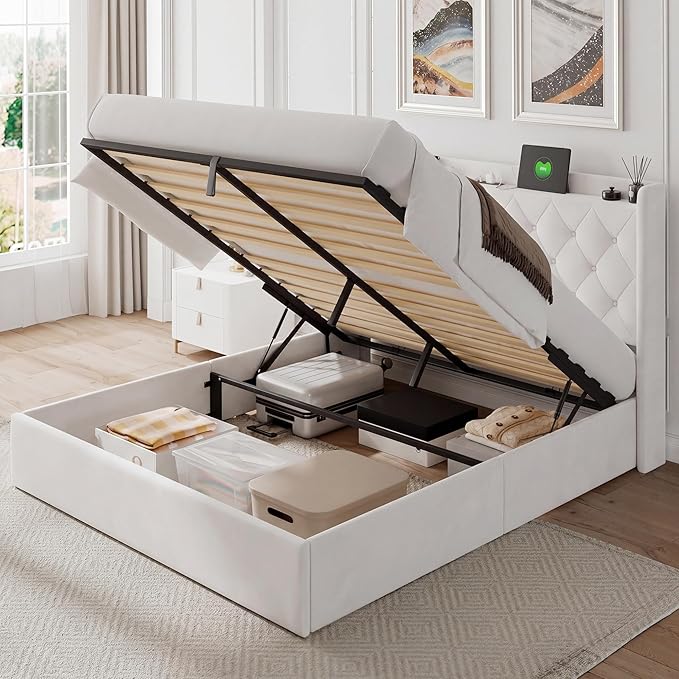 Feonase Queen Bed Frame with Storage & Charging Station - Hydraulic Lift Up Platform Bed, Upholstered Button Tufted Headboard, Sturdy Wooden Slats, Noise-Free, No Box Spring Needed,White