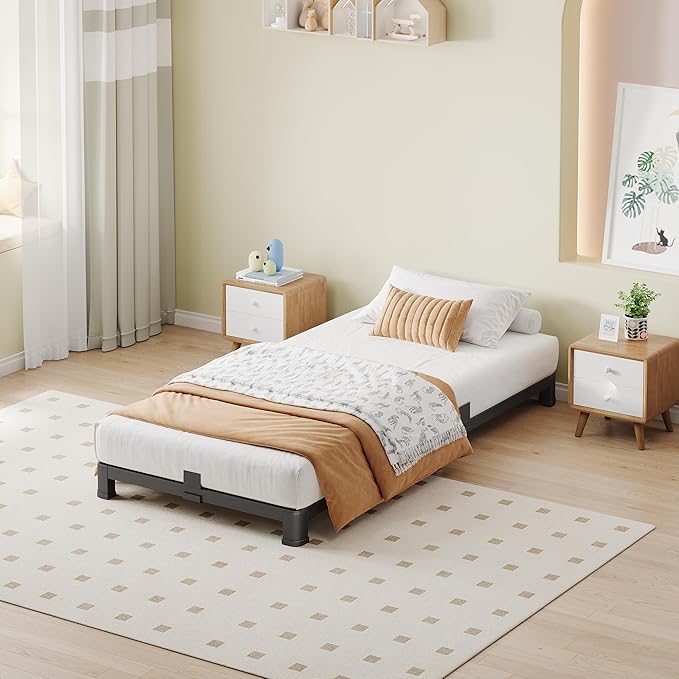 NKZ Twin Platform Bed Frame 4 Inch, Heavy Duty Metal Low Profile Bed Frame with Round Corner Legs, 3500lbs Weight Capacity Reinforced Frame, No Box Spring Needed，Noise-Free, Easy Assembly