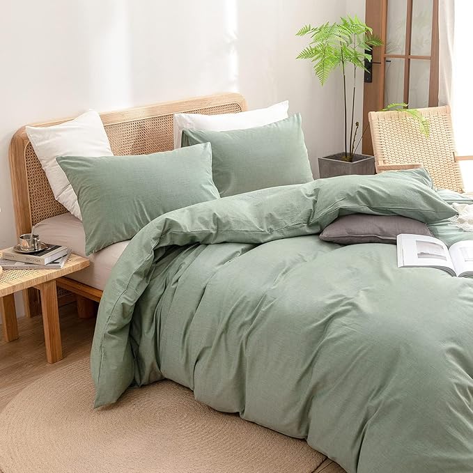 BESTOUCH Duvet Cover Set 100% Washed Cotton Linen Feel Super Soft Comfortable Chic Lightweight 3 PCs Home Bedding Set Solid Green Alaska King