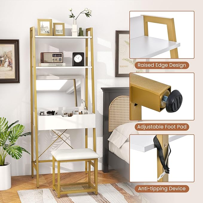 COSTWAY Vanity Desk Set with Flip-up Mirror, Ladder Vanity Table and Cushioned Stool Set w/ 4 Storage Compartments, Small Makeup Vanity Dressing Table for Small Spaces, Bedroom (White + Gold)