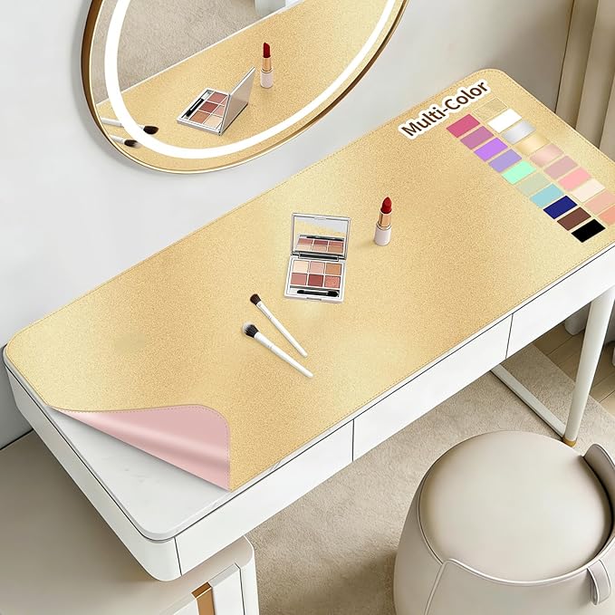 Makeup Mat for Vanity to Protect Desk Top 43.3 x 15.7in, Dual-Sided Makeup Mat, Easy to Clean Desk Pad - Waterproof and Oilproof Vanity Accessories (Gold and Pink)