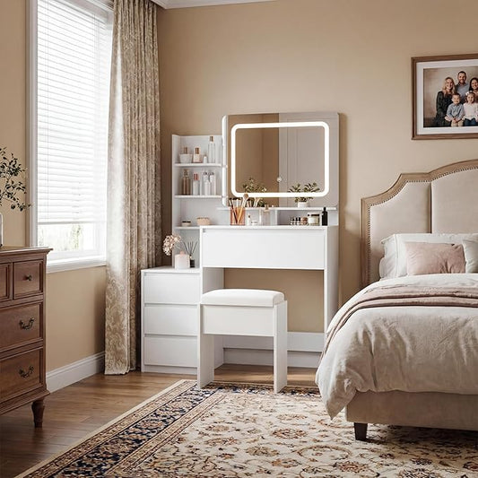 GarveeHome Makeup Vanity with Mirror and Lights, 36-Inch Vanity Desk, 4 Large Drawers Dresser, 3 Lighting Modes, Stool & Charging Station, Modern Vanity Table for Bedroom, Women,