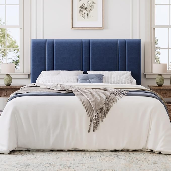 SHA CERLIN Full Size Platform Bed Frame, Velvet Upholstered Bed with Adjustable Headboard, Vertical Channel Tufted Design, Sturdy Wood Slat Support, No Box Spring Needed, Easy Assembly, Dark Blue
