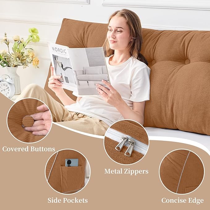 Sasttie Headboard Pillow Queen, Wedge Pillow Headboard for Sitting Up in Bed, Back-Rest Support Triangular Cushion for Reading - Features Removable Washable Cover, Caramel
