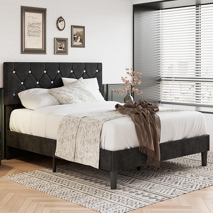 VECELO Full Size Bed Frame with Diamond Tufted Headboard, Upholstered Platform Bedframe with Wood Slat Support, No Box Spring Needed, Velvet & Black