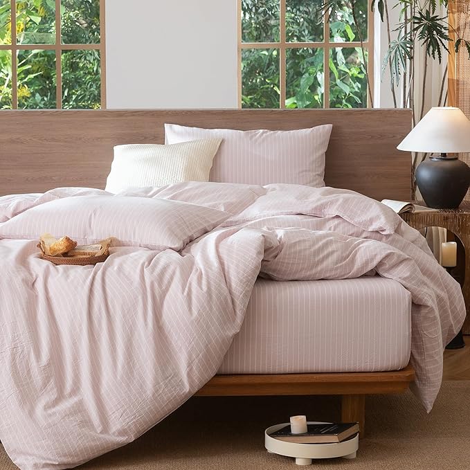 MooMee Striped Duvet Cover Set 100% Washed Cotton Linen Like Textured Breathable Durable Soft Comfy (Heathered Greyish Pink White Wide Stripes, Palatial King/Oversized King 120"x98")